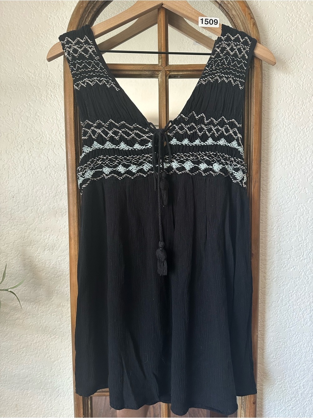 Free People XS Black Embroidered Gauze Boho Tassel Tie Tank Top